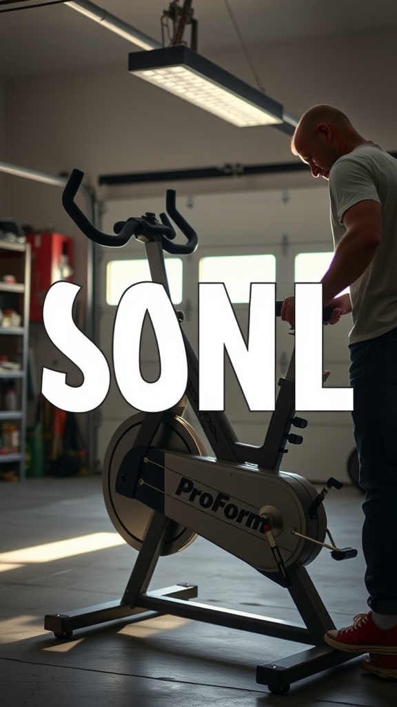 A person adjusting the ProForm exercise bike in a garage setting