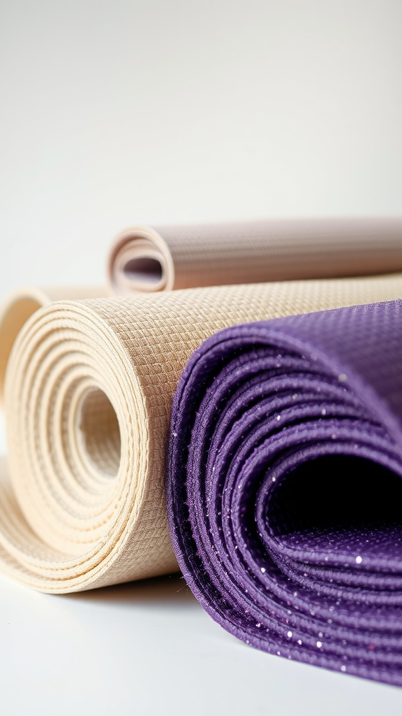 Three yoga mats rolled up, showcasing different colors and textures.