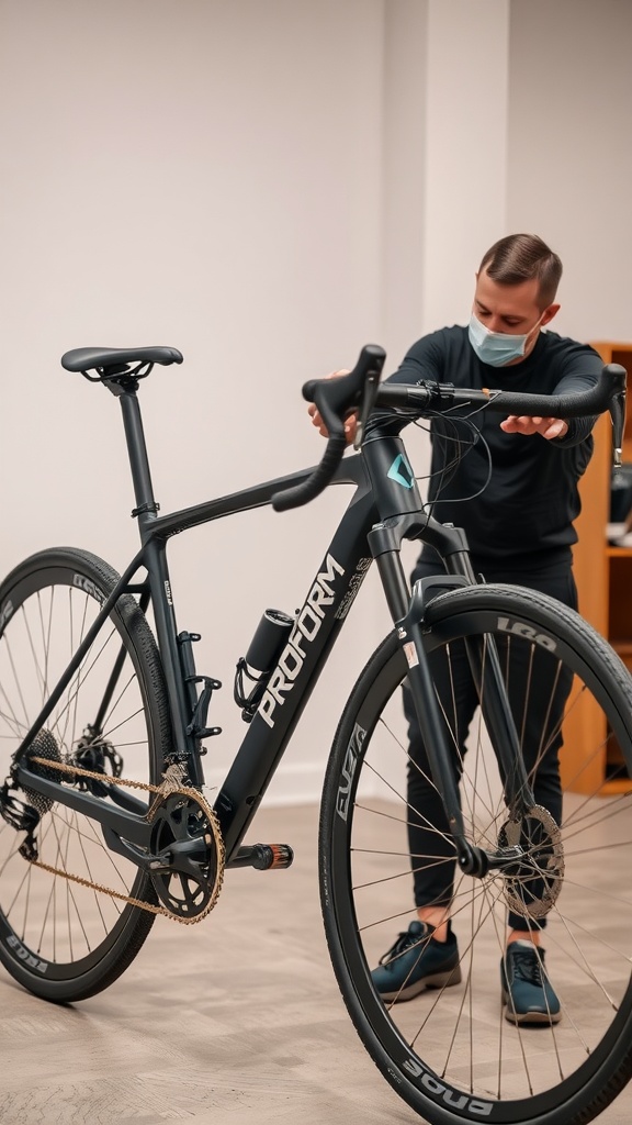 A person adjusting a ProForm exercise bike in a well-lit room.