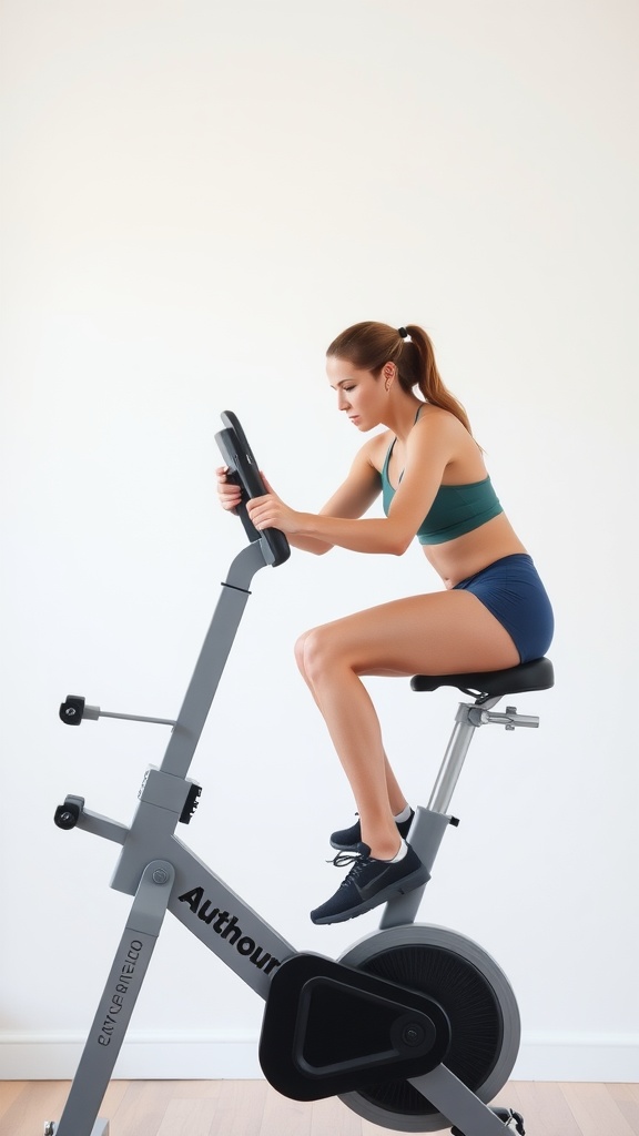 A person exercising on an exercise bike indoors
