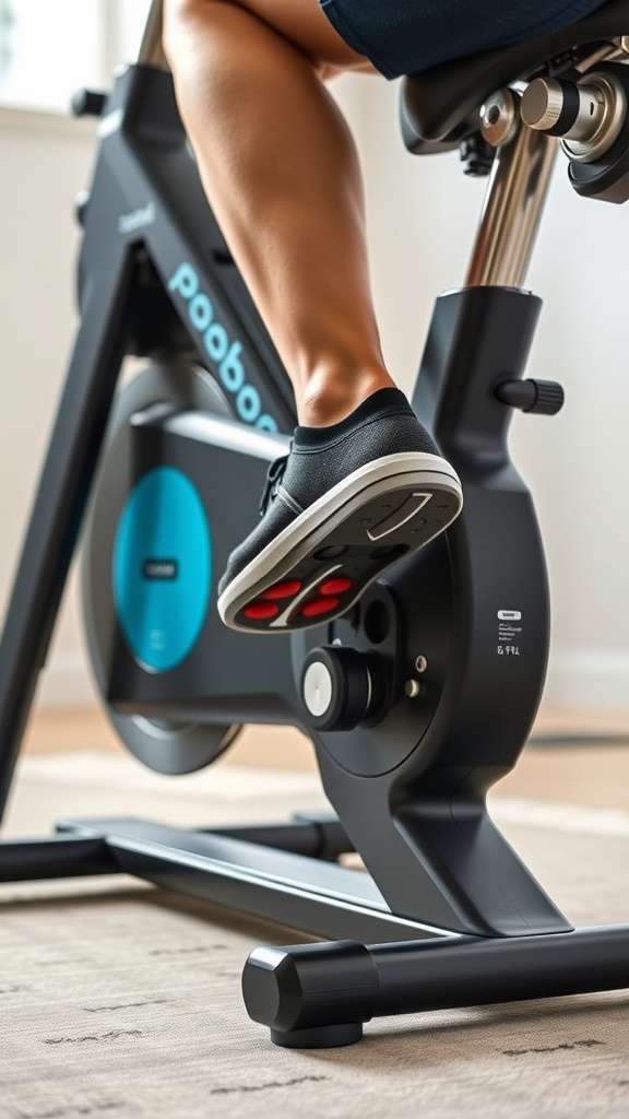 Close-up of a foot on a non-slip pedal of a Pooboo exercise bike.