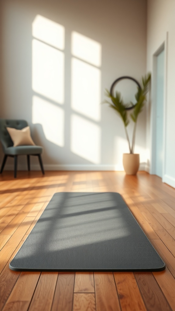 A non-slip yoga mat placed in a bright, airy room with wooden floors.