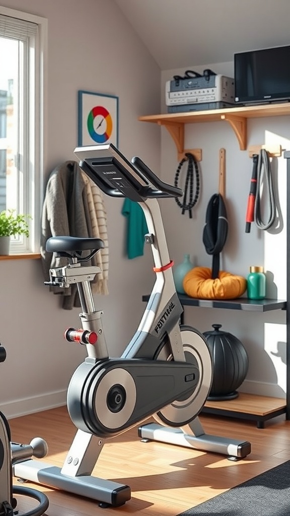A sunny exercise bike set up in a well-lit room with decor.