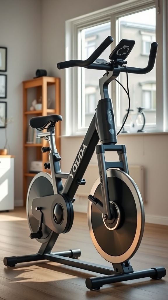 A Yosuda exercise bike in a bright room with large windows.