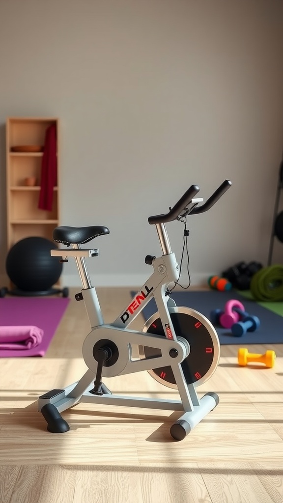 A mini exercise bike set up in a bright home workout space, surrounded by colorful weights and a yoga mat.