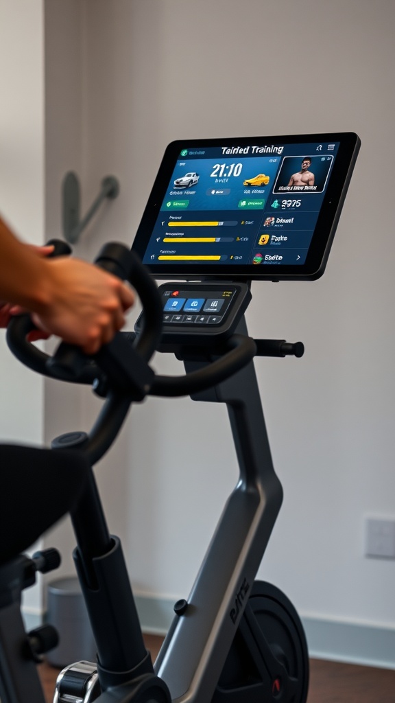 An exercise bike with a screen displaying training statistics and options.