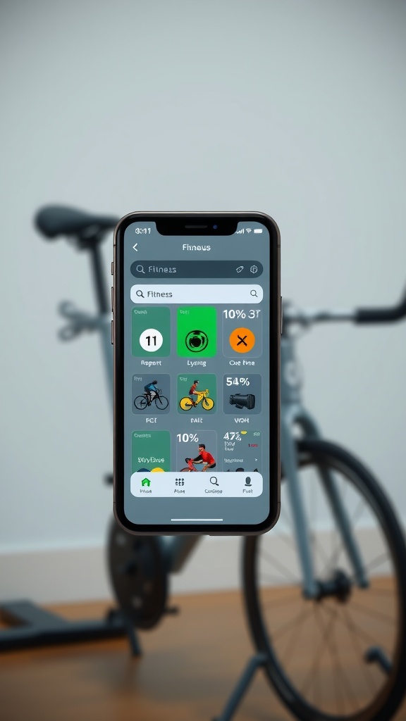 A smartphone displaying fitness apps with a stationary exercise bike in the background.