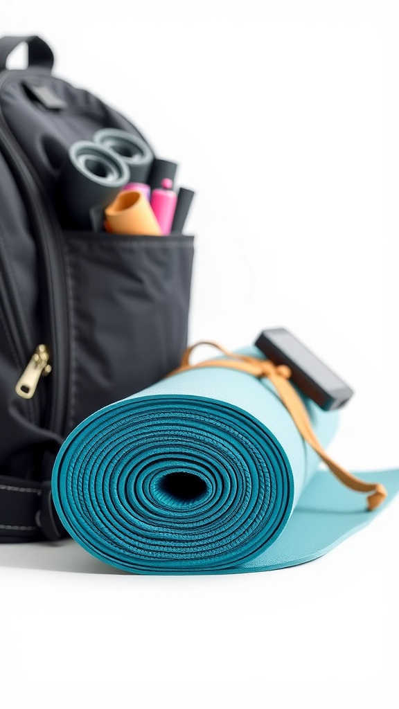 A rolled yoga mat placed next to a black backpack, showcasing portability for travel.