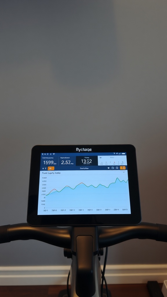 Exercise bike with digital screen displaying workout statistics
