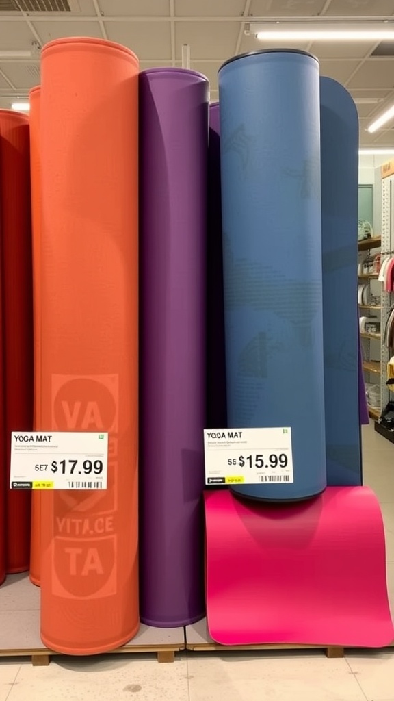 Display of colorful yoga mats with price tags in a store.
