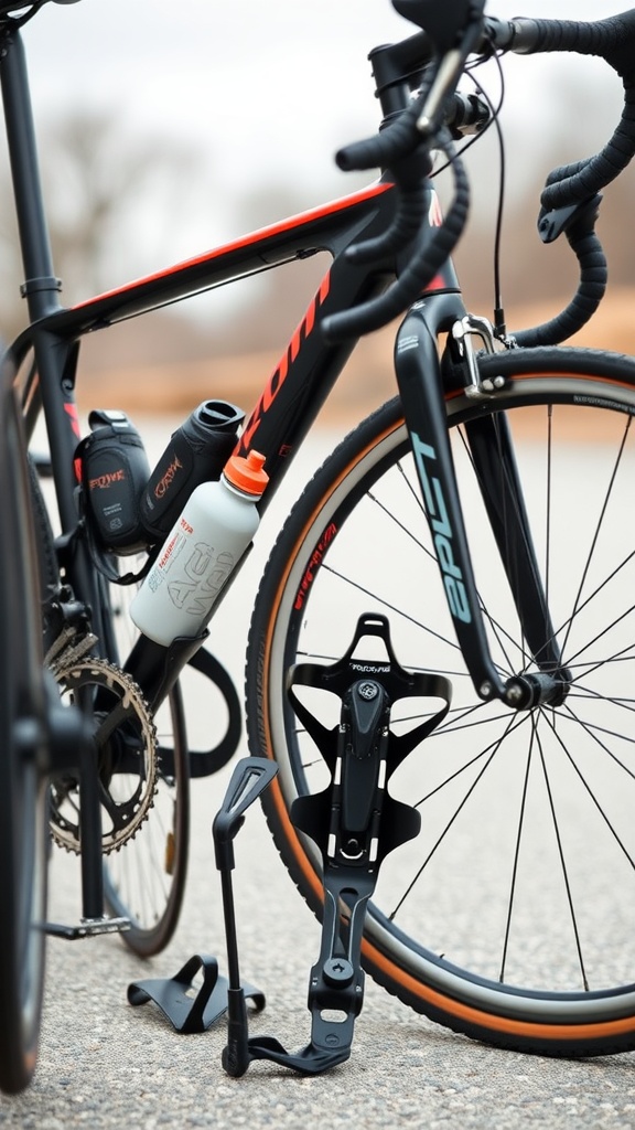 Close-up of a ProForm exercise bike with accessories including a water bottle and bike holder.