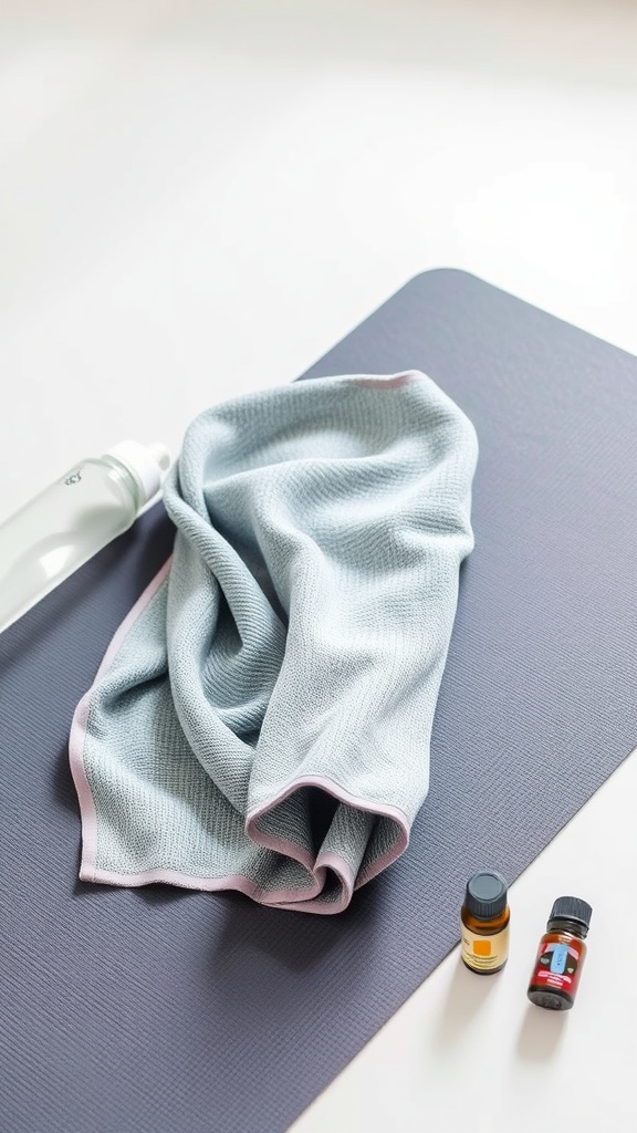 A light blue quick-dry towel laid on a yoga mat with a water bottle and essential oils nearby.