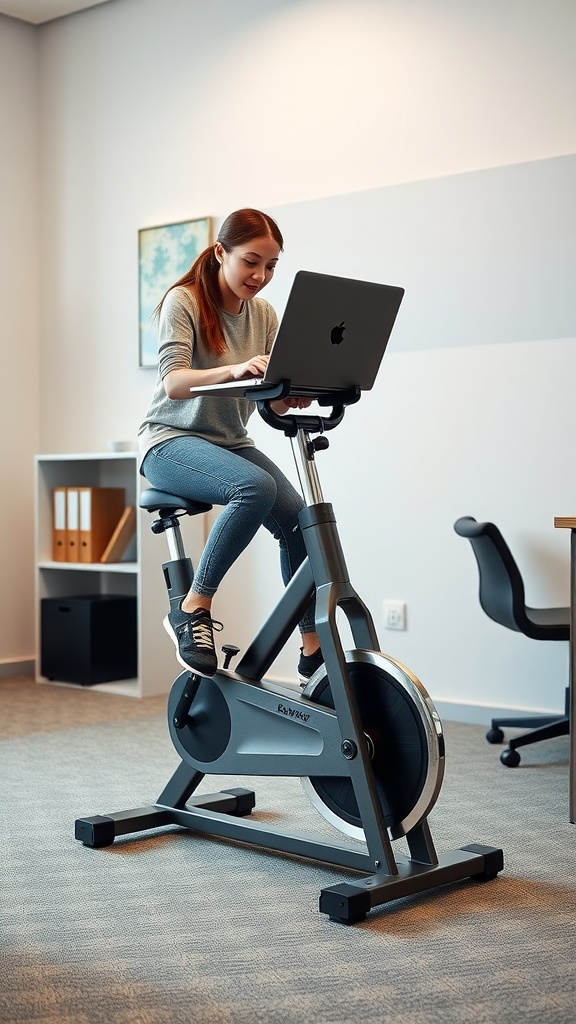 A person using a mini exercise bike while working on a laptop in a modern office setting.