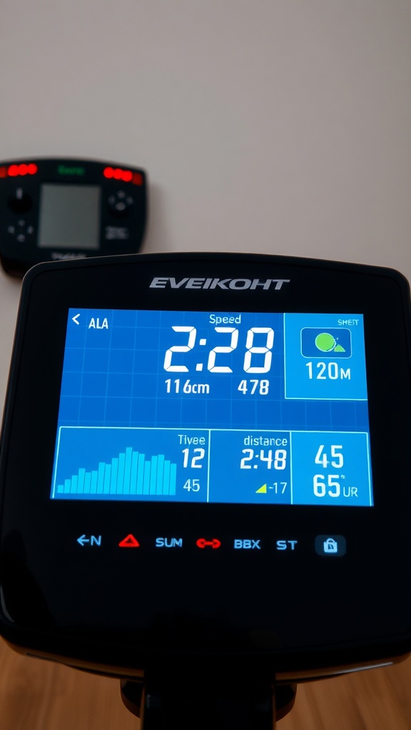 A close-up view of an exercise bike screen displaying performance metrics.