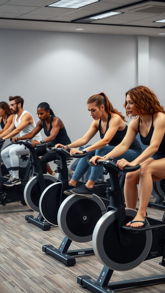 A group of individuals using recumbent exercise bikes in a fitness studio.