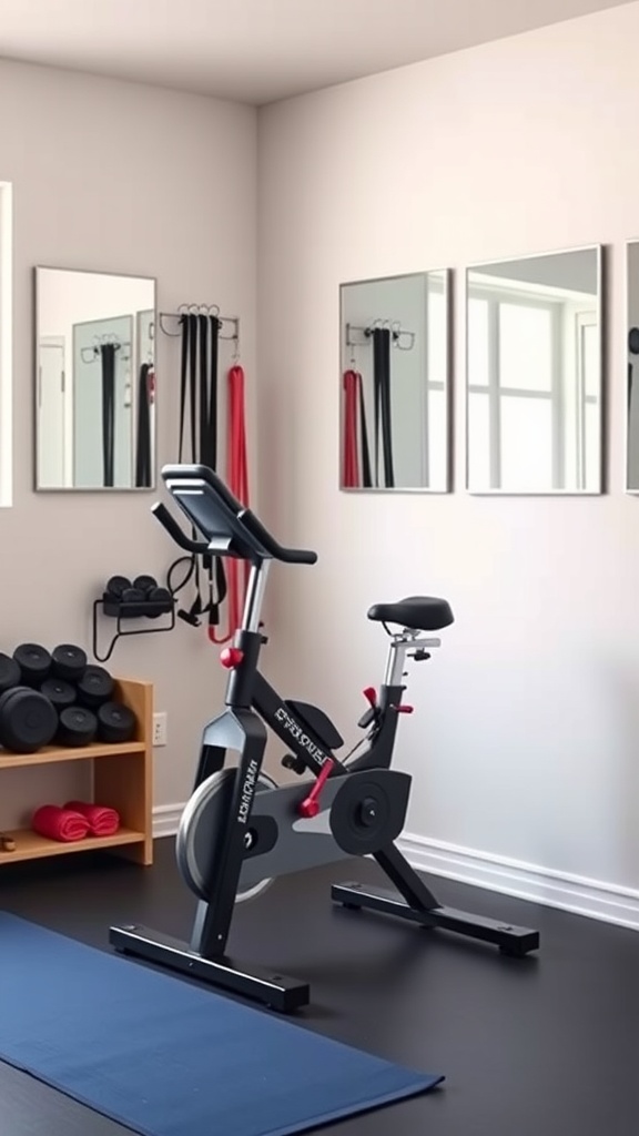 A home gym setup featuring an exercise bike, weights, and exercise mats.