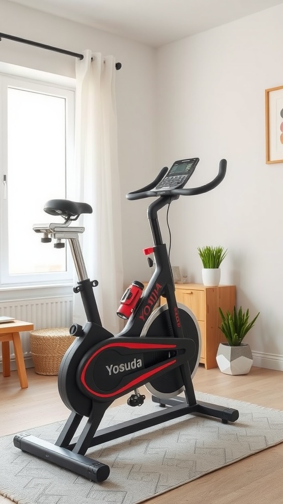 A Yosuda exercise bike in a bright room with curtains and plants.