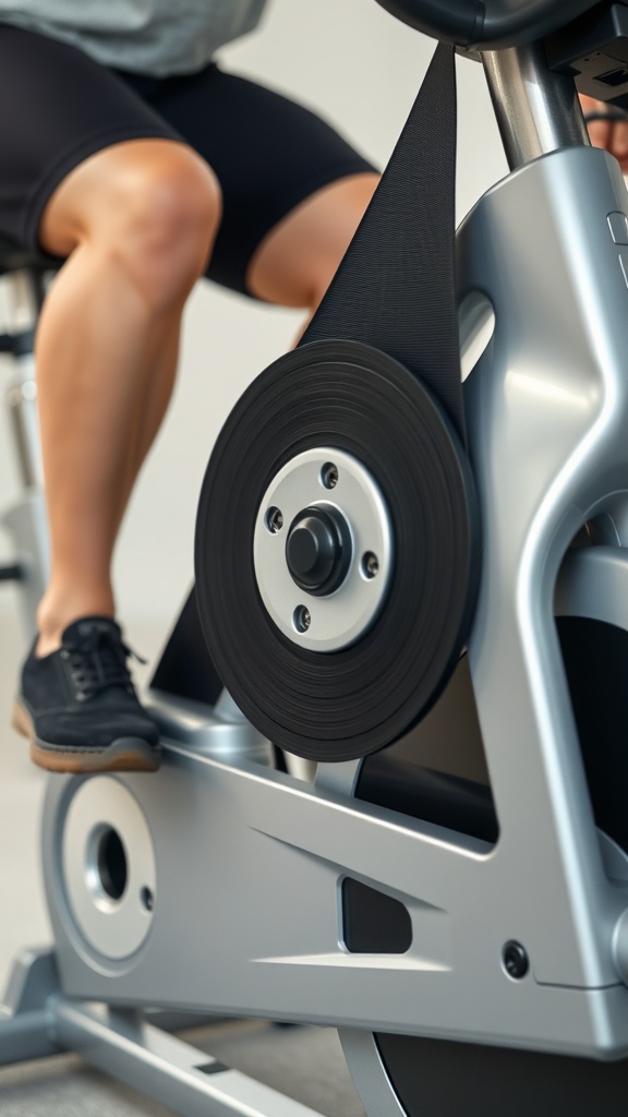 Close-up of the belt drive system on a Pooboo exercise bike