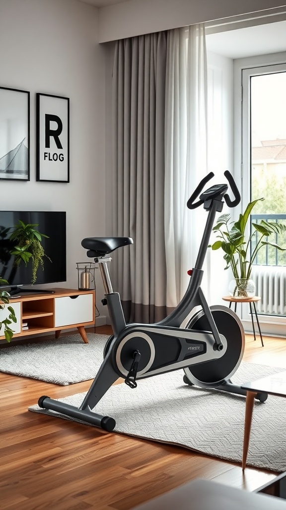 A space-saving exercise bike in a cozy apartment setting.