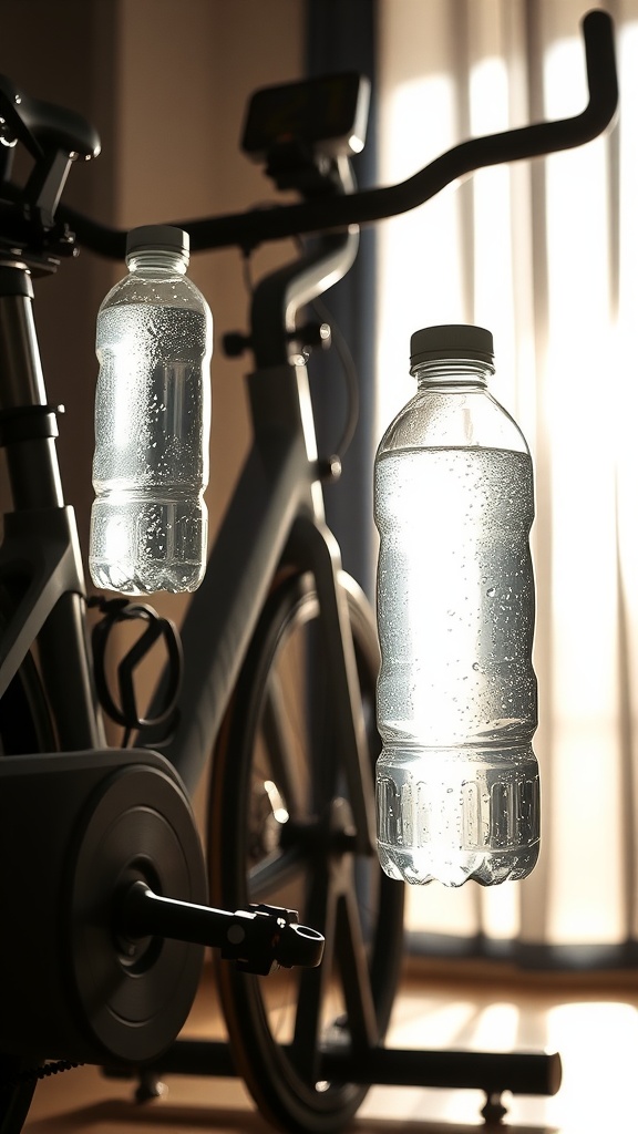 A close-up view of two water bottles next to a stationary exercise bike, illuminated by sunlight.
