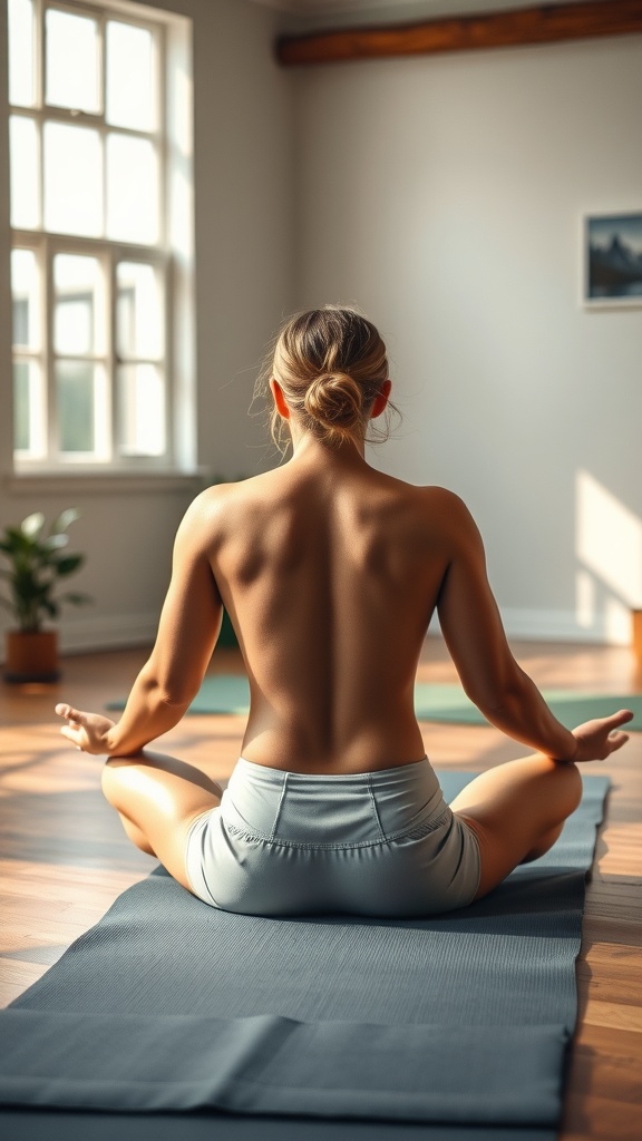 A person practicing yoga in a serene indoor setting, focusing on relaxation and mindfulness.