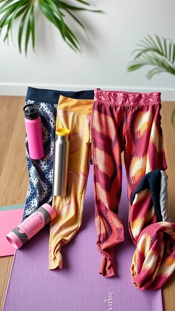 Colorful hot yoga pants displayed with water bottles and a yoga mat