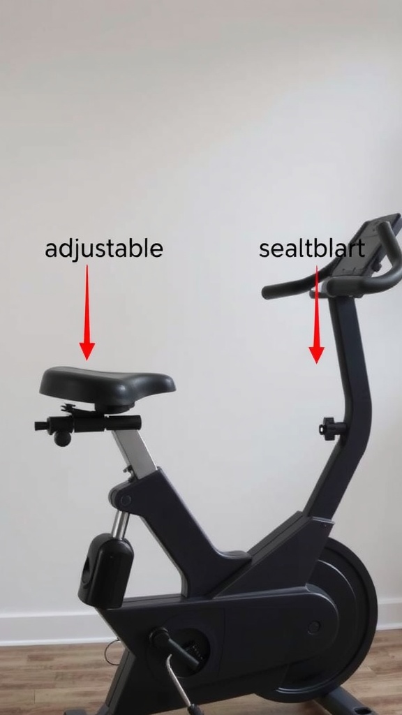 An exercise bike with adjustable seat and handlebar features highlighted.