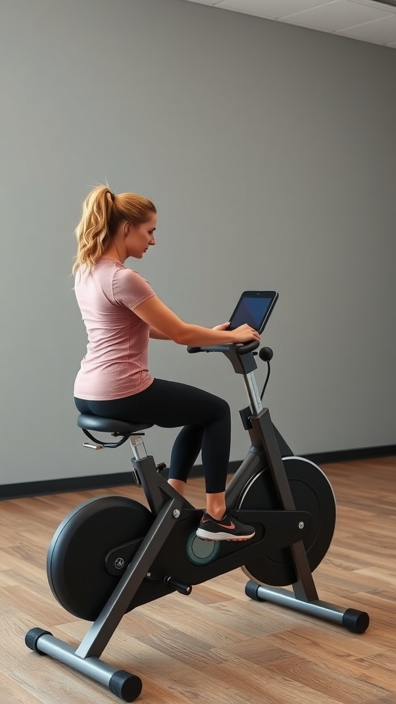 A person using a recumbent exercise bike in a gym setting.