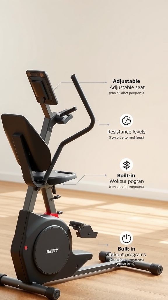 A home exercise bike with an adjustable seat and built-in workout programs.