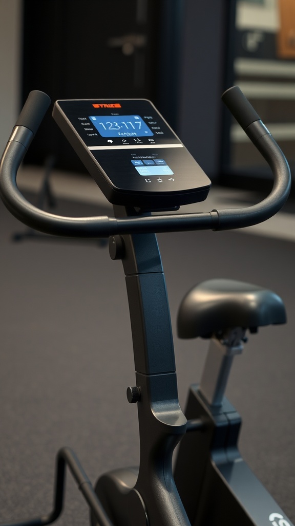 Close-up of an exercise bike's console and handlebars.