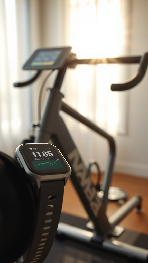 A close-up of a smartwatch displaying workout stats, with a sunny exercise bike in the background.