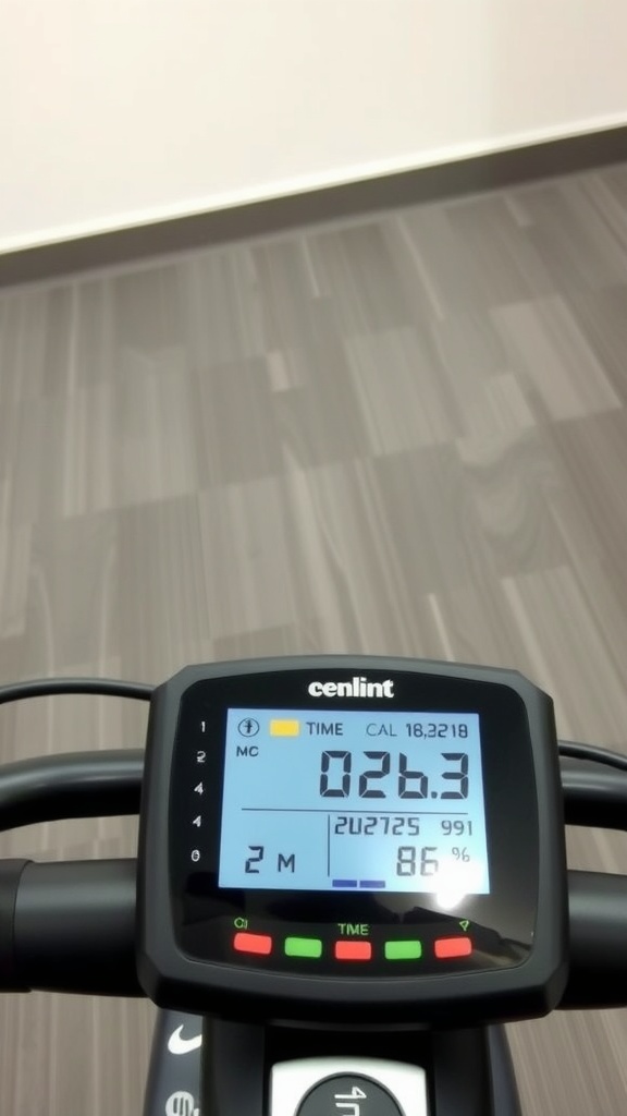 Display screen of a recumbent exercise bike showing workout statistics.