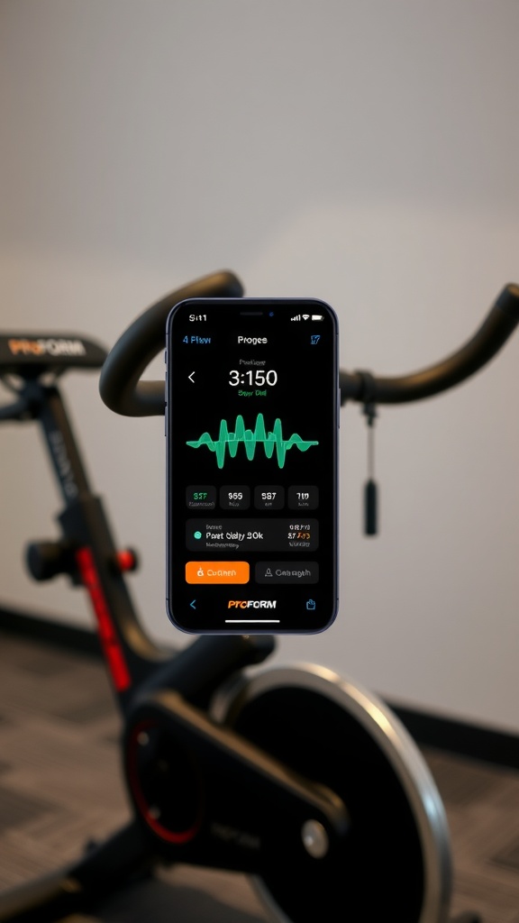 A smartphone displaying workout metrics with a ProForm exercise bike in the background.