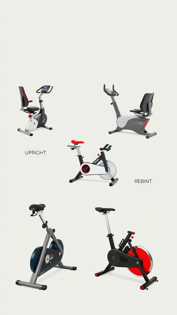 Different types of home exercise bikes including upright and recumbent models.