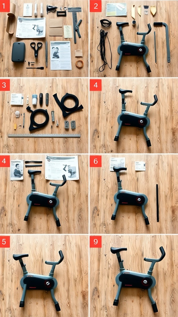 Step-by-step assembly instructions for a mini exercise bike.