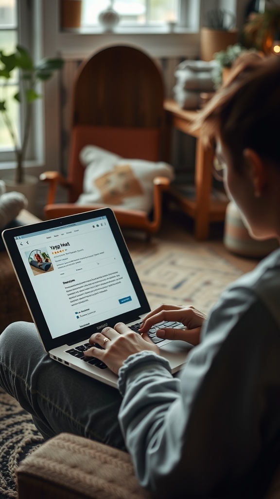 A person reading reviews for yoga mats on a laptop