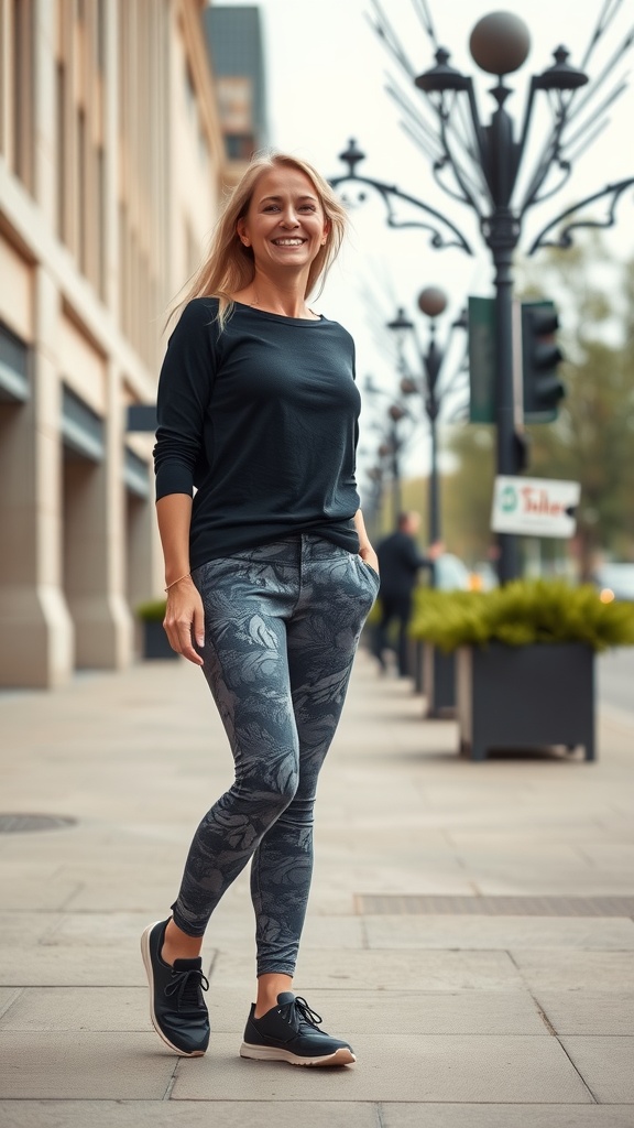 A woman wearing patterned yoga pants and a black top, smiling while walking on a city street.