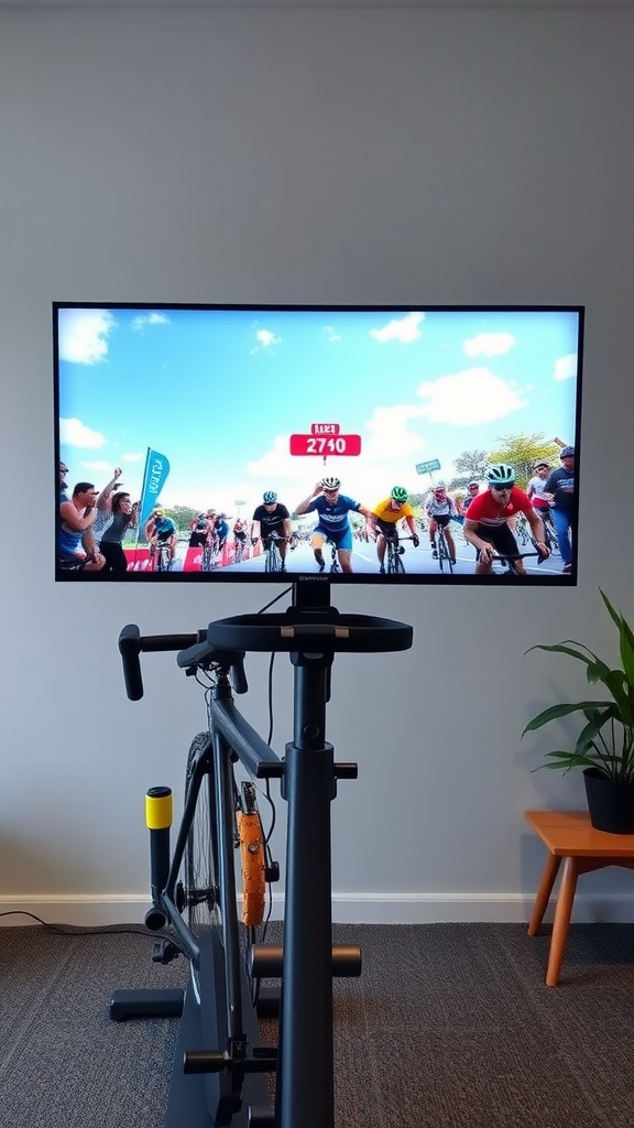 Exercise bike with a screen showing a virtual cycling competition