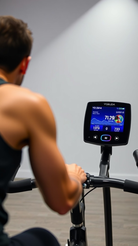A person using a Yosuda exercise bike, focused on the performance monitoring screen.