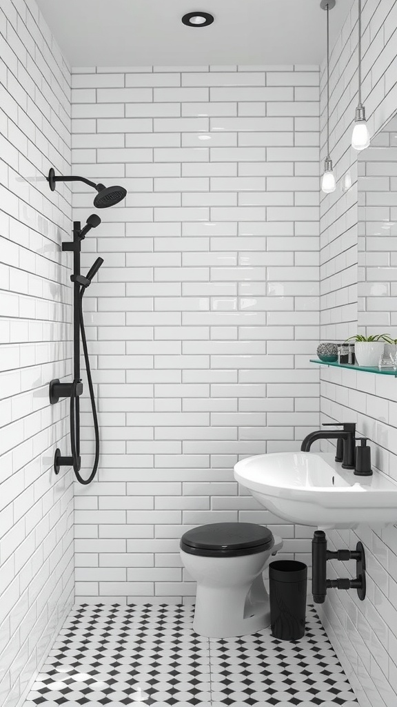 A modern bathroom featuring white tiles, black fixtures, and patterned black and white floor tiles.