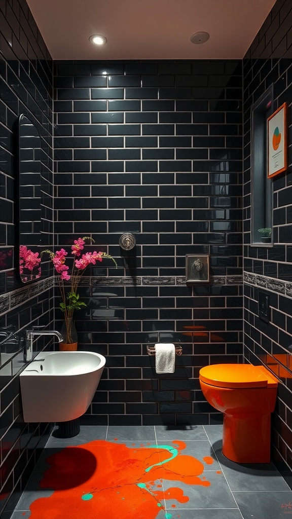 A modern black tile bathroom featuring an orange toilet, artistic paint splashes on the floor, and colorful flowers.