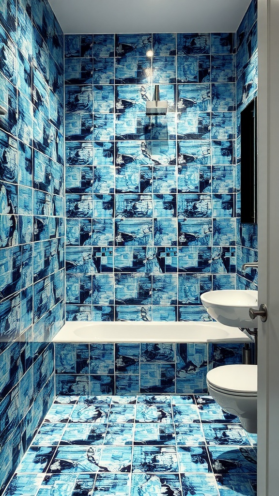 A blue and black mosaic bathroom with artistic tile designs on walls and floor