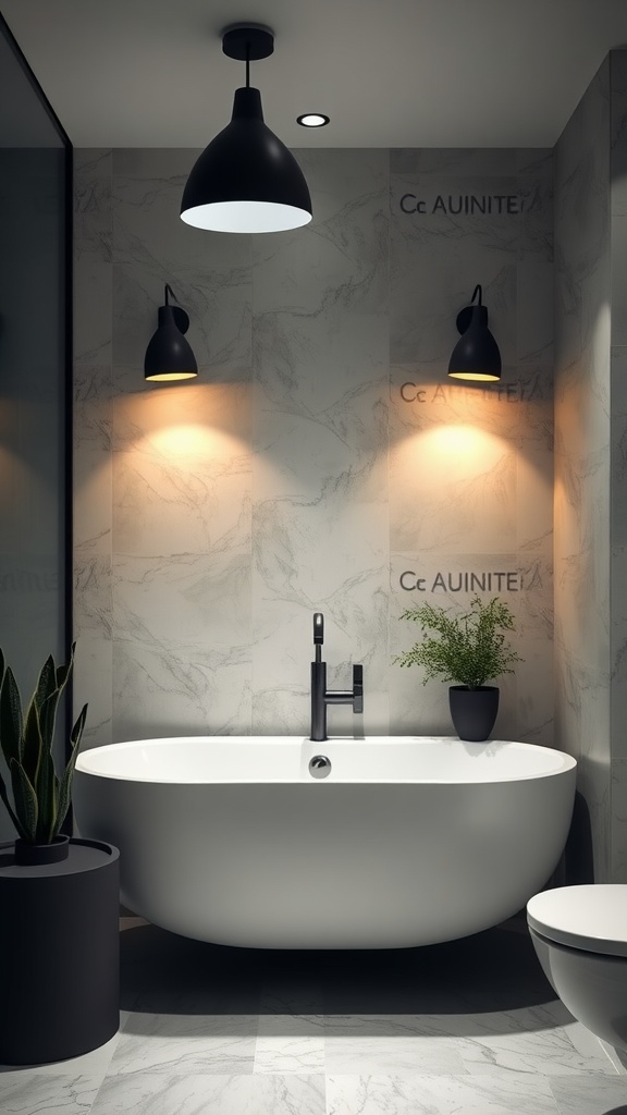 A stylish black modern bathroom featuring artistic lighting solutions, including pendant and wall-mounted lights.