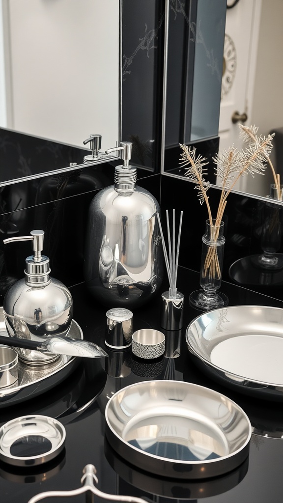 A black and silver bathroom showcasing artistic silver accessories including a soap dispenser, decorative trays, and a vase.