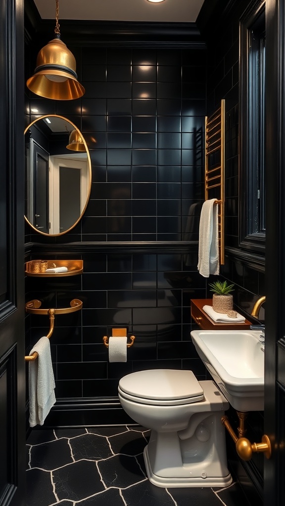 A modern black aesthetic bathroom featuring black tiles and gold accents.