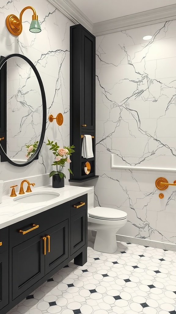 A modern bathroom with black cabinetry and gold hardware, featuring a marble wall and stylish fixtures.