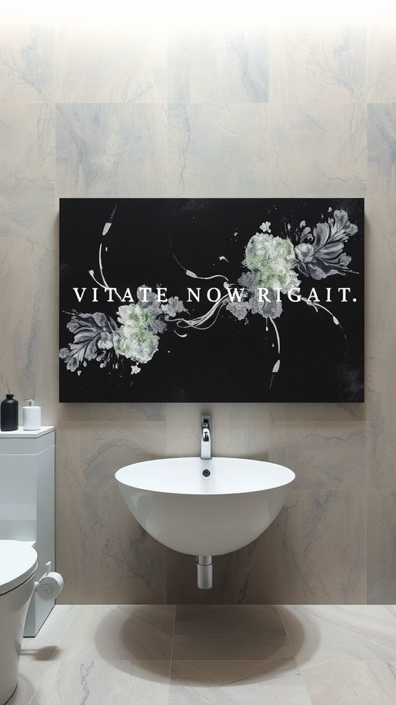 Black and silver artwork with floral designs in a modern bathroom