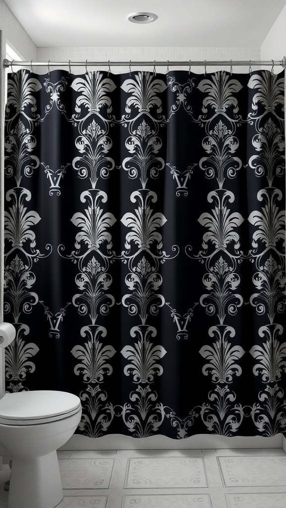 Black and silver shower curtain with intricate floral design