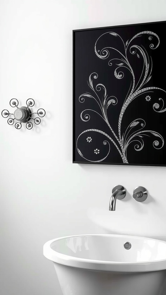 Black and silver wall art framed in a black frame with a floral design, next to a stylish sink in a minimalist bathroom