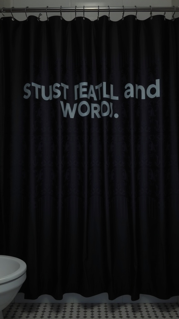 A black shower curtain with a bold message displayed in light blue text.